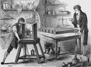 Humphry Davy zerlegt die Alkalien mit der Voltaschen Säule. In „Album de la Science“, Éditions Jouvet
