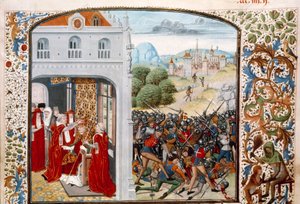 Hundertjähriger Krieg: „Papst Gregor XI. (1329-1378) gekrönt in Avignon im Jahr 1370. Die Schlacht von Pontvallain zwischen Franzosen und Engländern am 04.12.1370“ Miniatur aus „Chroniken“ von Jean Froissart (1337-1400) 15. Jahrhundert Paris. B.N.