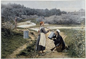 Jäger und Mädchen am Brunnen (Russland) - Fotografie, Ende 19. Jahrhundert von Unknown artist