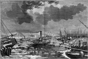 Eisdebakel in New York, USA, gesehen vom East River. Gravur in „Das illustrierte Universum“