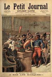 Illustration für Aschermittwoch, nach dem Karneval von Mardi Gras, die Partykostüme treten vor den Richter, um sich zu enthüllen. Gravur in „Le petit journal“ 18/02/1893. Selva-Sammlung