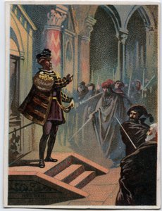 Illustration von „Ernani“ des italienischen Komponisten Giuseppe Verdi (1813-1901), Akt 4, Szene I, Oper, die 1844 nach der Tragödie „Hernani“ von Victor Hugo geschaffen wurde. Chromolithographie aus dem späten 19. Jahrhundert.