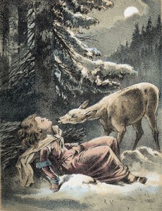 Illustration von Franz Hoffmanns Erzählungen „Tales and Fables - Von Weifshändchen und breitfüßchen“: Ein Mädchen ohnmächtig im Schnee und ein Hirsch. Chromolithographie des 19. Jahrhunderts von Unknown artist