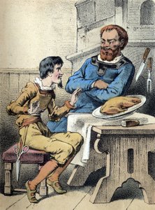 Illustration von Franz Hoffmanns Märchen „Märchen und Fabeln - Der fröhliche kleine Schneider“. Chromolithographie des 19. Jahrhunderts.