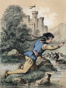 Illustration von Franz Hoffmanns Erzählungen „Tales et Fables - Die 3 Prinzen“: Ein Prinz erhält einen Schlüssel von einer Ente. Chromolithographie des 19. Jahrhunderts von Unknown artist