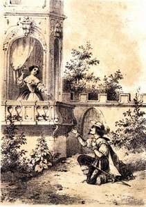 Illustration des Liedes „Der König ließ die Trommel schlagen“: ein Mann erklärt einer Frau an ihrem Fenster seine Liebe. o.D. von Unknown artist