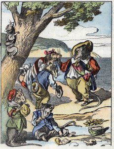 Illustration des Märchens „Der schreckliche Raminagrobis und die Mäuse“. Charakterzeichnungen von Fabeln von Jean de la Fontaine. In „Märchen aus dem Heim für die Kleinen“. Anonyme Gravur des 19. Jahrhunderts.