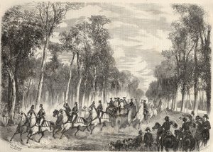 Kaiserliche Jagd in Compiègne in Anwesenheit von Napoleon III (1808-1873) und Kaiserin Eugénie (1826-1920). Gravur in „Le Monde illustrious“ von 1857. Privatsammlung. von Unknown artist