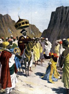 In Borumieda macht der Ras Mangacha, Gouverneur der Provinz Tigrai (Tigray) in Abessinien, einen Akt der Unterwerfung gegenüber Negus Menelik II. (1844 - 1913) mit dem Stein um den Hals. 1899. Ill. de Silhouette für die Presse von Unknown artist