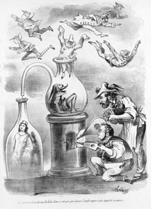 Im Alchemielabor der Mitarbeiter Garibaldi und Cavour sehen wir allmählich den unnötigen Dampf (dargestellt durch die Masken der italienischen Regionen) verschwinden und die Substanz (Italien) bleiben. Karikatur der satirischen Zeitung Il Fischietto von Unknown artist