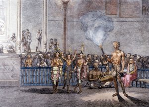 Indische Kultur und Zivilisation: Tanz zu Ehren von Krishna (Krisna oder Krsna), Gottheit des Brahman in Indien. Gravur 1808.