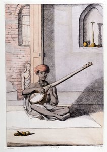 Indische Kultur und Zivilisation: Musiker spielt die Sitar, traditionelles Musikinstrument, Indien. Gravur 1808