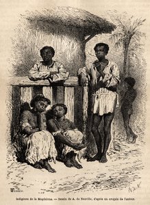 Einheimische des Magdalena (Flüsse), in den Straßen der Stadt Mompox (Kolumbien). Gravur zur Illustration der Reise nach Neugranada, von Dr. Saffray, 1869, veröffentlicht in „Le tour du monde“ 1872, herausgegeben von Edouard Charton, Hachette-Edition