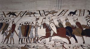 Intendant Wadard (zu Pferd) und die Männer der Truppe von Guillaume - Teppich von Bayeux, bekannt als Stickerei der Königin Mathilde
