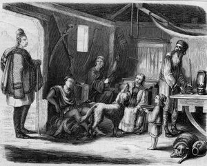 Innenraum eines serbischen Bauernhauses in der Nähe von Belgrad im Jahr 1859