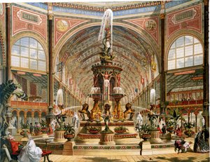 Innenansicht des Kristallpalastes während der Internationalen Ausstellung von 1862. Majolika-Brunnen von Minton. Chromolithographie von Unknown artist