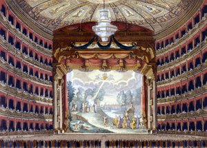 Innenansicht des Teatro alla Scala in Mailand. Gravur vor 1850
