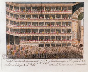 Innenansicht des Nationaltheaters nahe dem Italienischen Tor in Wien, Österreich. Gravur von 1815