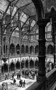 Innere Ansicht der Antwerpener Börse im 19. Jahrhundert. Gravur in „Le journal de la jeunesse“
