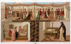 Italienische Kostüme des 15. Jahrhunderts. In „Le costume historique“ von A. Racinet
