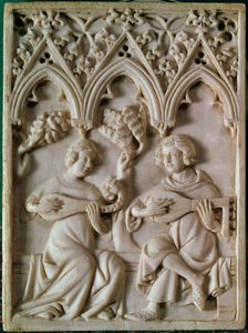 Elfenbeintafel, die zwei Musiker darstellt. 14. Jahrhundert. Paris, Nationalmuseum des Mittelalters, Thermes de Cluny von Unknown artist
