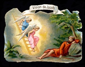 Jakobs Vision, dargestellt durch Engel, die über eine Leiter vom Himmel herabsteigen. Chromolithografie des 19. Jahrhunderts.
