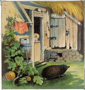Jacques beobachtet einen Igel, der den Hof seines Hauses überquert. Chromolithographie aus „Szenen enfantines“, ed. Guerin - Muller um 1885 von Unknown artist