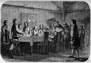 James Boswell (1740-1795), schottischer Schriftsteller und Anwalt, Sohn von Lord Alexander Boswell, bei einem Treffen bei einem Essen von Pascal (Pasquale) Paoli. In „Pasquale Paoli ossia la rotta di Pontenuovo“ von F.D. Guerrazzi. 1872. von Unknown artist