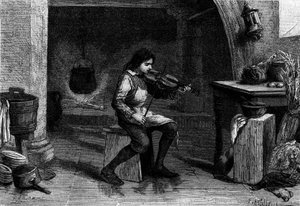 Jean Baptiste Lully als Kind, spielt Geige in der Küche von Mademoiselle de Montpensier. Gravur von Unknown artist