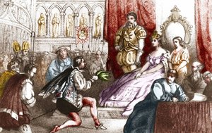 Jean Nicot präsentiert die Tabakpflanze Catherine de Medicis und dem Großprior des Hauses Lothringen. 16. Jahrhundert. Gravur aus dem 19. Jahrhundert
