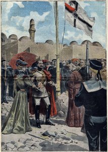 Jerusalem - Allerheiligen 1898: Wilhelm II., Kaiser von Deutschland und König von Preußen, nimmt das Land der „Dormition“ in Besitz, nahe dem Abendmahlssaal, für seine katholischen Untertanen, vor Monsignore Luigi Piavi, Patriarch von Jerusalem. Illustrati von Unknown artist