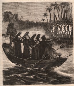 Jesuitenmissionare kommen 1553 mit dem Boot zu den Guarani-Indianern in Paraguay - Gravur von 1879 in „Geschichte der geheimen, politischen und religiösen Gesellschaften“ von Pierre Zaccone (1817-1895).