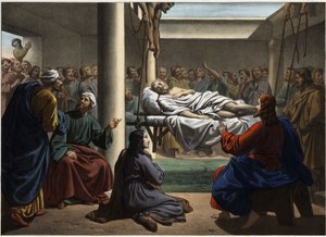 Jesus heilt den Gelähmten von Bethesda. Anonyme Gravur aus der Mitte des 19. Jahrhunderts.