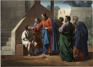 Jesus heilt den blind geborenen Mann. Anonyme Gravur aus der Mitte des 19. Jahrhunderts