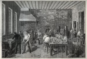 Schmuck: Stahl-Schmuckfabrik. Gravur von 1885 in „Les arts et métiers illustrés“ von Adolphe Bitard.