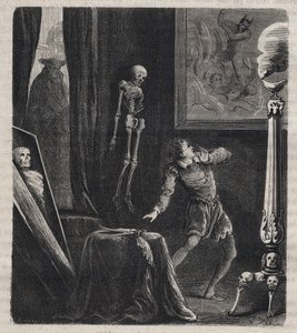 Jean Chatel (Chastel) (1575-1594) eingesperrt von den Jesuiten im Meditationsraum - vor seinem Attentatsversuch auf König Heinrich IV. von Frankreich am 27. Dezember 1594. Gravur von 1879 in „Histoire des societes secretes, politiques et religieuses“ von