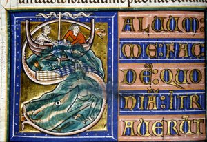 Jona wird ins Meer geworfen und von einem riesigen Fisch verschlungen. Manuskript aus dem 14. Jahrhundert. Stadtbibliothek von Vercelli