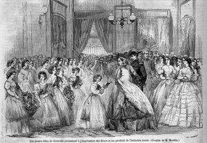Reise von Kaiser Napoleon III. (1808-1873) und seiner Frau Eugenie de Montijo (1826-1920) zum Herzog von Savoyen nach der Annexion der Grafschaft Savoyen (März Turiner Vertrag): hier trifft das kaiserliche Paar in Grenoble junge Mädchen, die gekommen sind, von Unknown artist