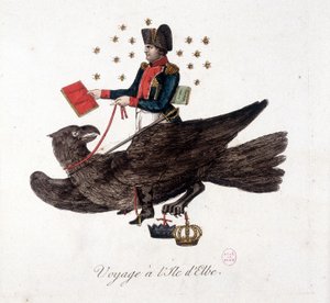 Reise zur Insel Elba: Napoleon reitet auf einem Adler und hält die Bücher der Militärdienstpflicht und Massenhebung von Soldaten - in „Napoleon I., Karikaturen, Dummysammlung“, ca. 1814 von Unknown artist