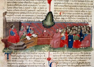 Julius Caesar (101-44 v. Chr.) auf dem Thron. Detail einer Manuskriptseite „Die Taten der Römer“ (Ms. 1538) um 1340. Florenz, Biblioteca Riccardiana