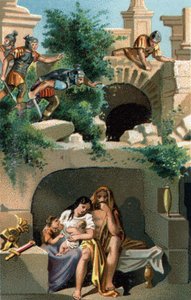 Julius Sabinus (Gallier des Lingonen-Volkes) und seine Frau Eponine bleiben neun Jahre lang mit ihren Kindern in einem unterirdischen Versteck und werden dann entdeckt. Sie werden zusammen mit ihren zwei Zwillingssöhnen nach Rom gebracht. Späte Chromolitho