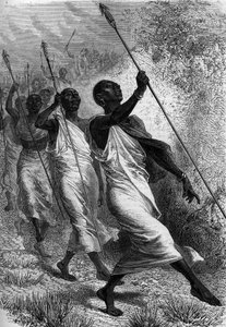 Kabba Righe (Kabba-Righe), König von Ounyoro (in Afrika), und sein Gefolge. Gravur in „Le Journal de la jeunesse“ von Unknown artist
