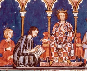 König Alfons X. der Weise assistiert einem Schreiber. Detail einer Miniatur aus dem Buch der Spiele von Alfons X. dem Weisen „Das Buch der Schachspiele, Würfel und Tafeln“