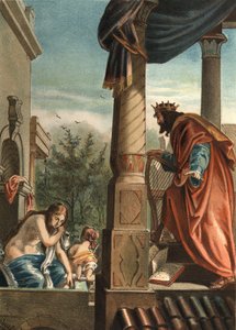 König David und Bathseba, seine zukünftige Frau im Bad, in „El Culto de la Hermosura“ von Juan Justo Huguet von Unknown artist
