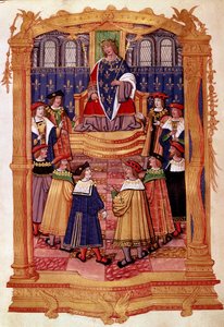 König Ludwig XI. (1423-1483) und die Ritter des Ordens vom Heiligen Michael. Miniatur aus dem Manuskript „Statuten des Ordens vom Heiligen Michael“ 15. Jahrhundert. Mailand, Biblioteca Trivulziana von Unknown artist