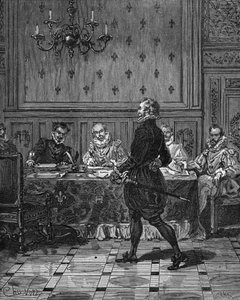 König von Frankreich Heinrich IV. bei einem Treffen mit seinen Botschaftern. Gravur des 19. Jahrhunderts. In „Histoire de France“ von Jules Michelet von Unknown artist