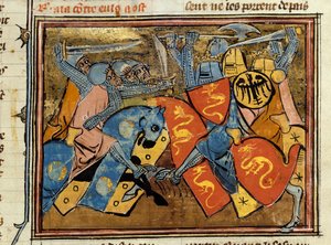 Ritterkampf. Miniatur aus der „Histoire de Merlin“ von Robert de Boron