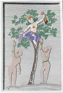 Krishna stiehlt die Kleider von zwei Gopis. L. M. Langlès: „Ancient and Modern Monuments of Hindustan“ Paris