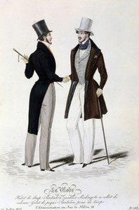 Die Mode vom 26. Juli 1834: (männliche Mode) Blattsuit - Hosen aus Kaschmir - Redingote mit Samtkragen - Weste aus Piqué - Hosen aus Maulwurfsfell und Zylinderhut