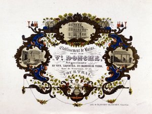 Etikett für eine Weinkellerei, Liköre und Erdkohlen. Lithographie von Unknown artist